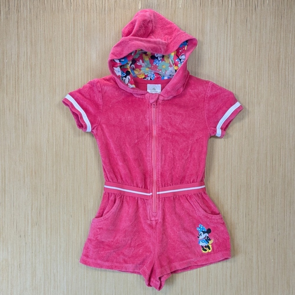 Disney Parks Minnie Mouse Pink Terry Cloth Hooded Romper Girls Size 5/6 Zip Up